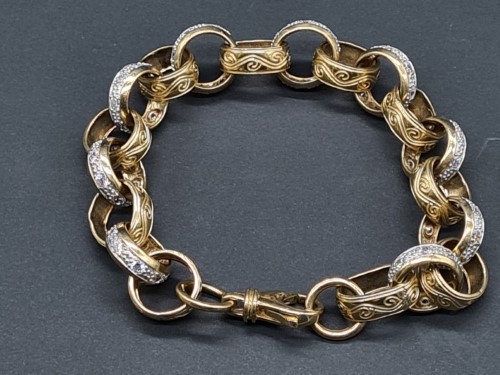 Luxury 12mm Gold Diamond Cut Pattern Belcher Bracelet with Swivel Albe   Bling King