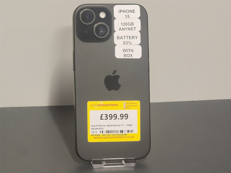【SiMなし】Apple iPhone 15 128GB バッテリー83% Apple iPhone 15 (83%Bh) 128GB Black for £299.99 Second Hand